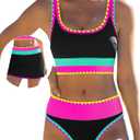 popvil High Waisted Bikini Sets for Women Tummy Control Swimsuits 3 Piece Bathing Suits Neon Swimwear with Skirt 2026, Black Large