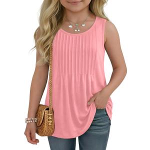 Ficerd Girls' Tank Tops Kids Summer Sleeveless Tunic Pleated Loose Shirt Dressy Crew Neck Casual Cute Blouses 5-14 Years (Pink)