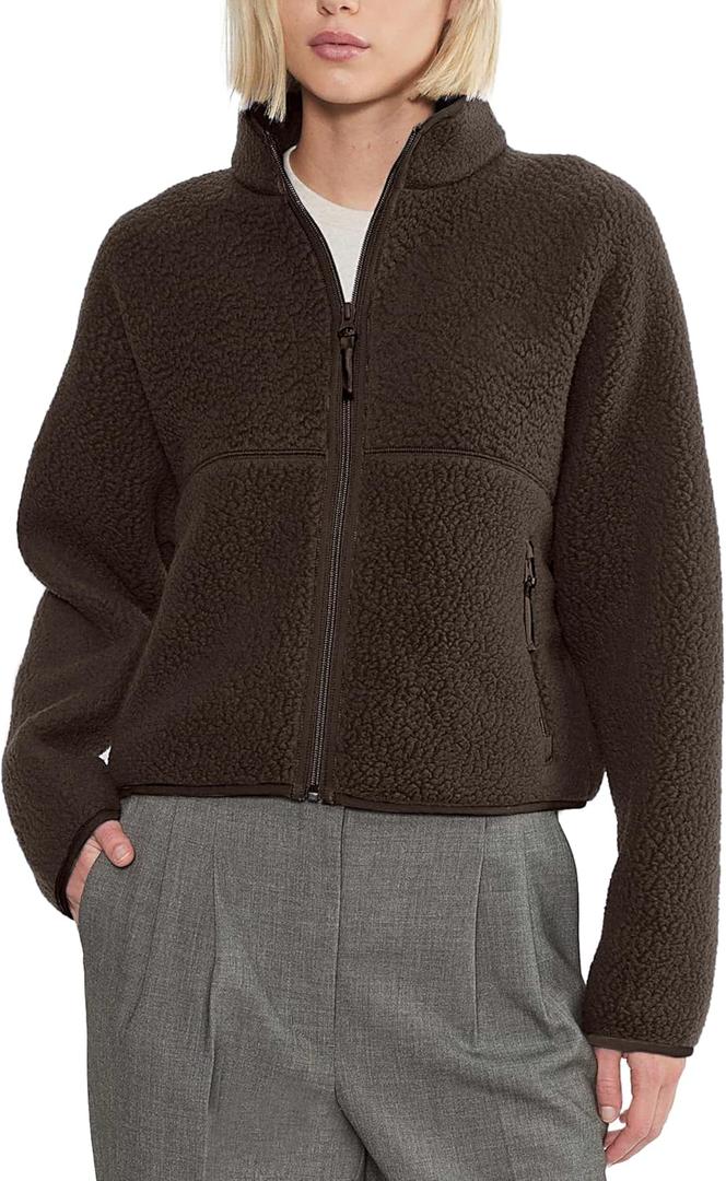 Fleece Jackets Women Causal Long Sleeve Sherpa Jacket Warm Ziper Fuzzy Coat Sweatshirts Trendy with Pockets (Large, Brown)
