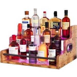 Liquor Bottle Display Shelf, Wine Bottle Display Rack with LED Stripe, 3-Tier Bar Shelf Stand, Whiskey Spirits Wine Holder for Tavern, Mini Bar, Liquor Cabinet, Coffee Syrup Organizer for Home(Brown)