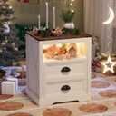 FONTOI Farmhouse Nightstand, End Table with Drawers, Nightstand with Charging Station, Bedside Table with 3 LED Lights Modes, Wood Night Stand with Smart Human Sensor for Bedroom, Brown & White
