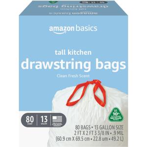 Amazon Basics 13 Gallon Tall Kitchen Drawstring Trash Bags, Clean Fresh Scent, 10% Post Consumer Recycled, 80 count