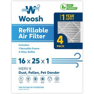 Woosh 16x25x1 Refillable Air Filter MERV 8 Furnace 4-Pack Starter Kit