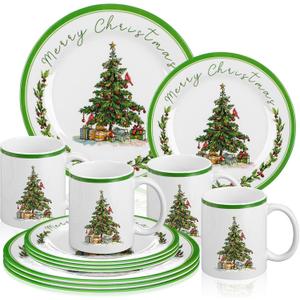 Teenyyou 12 Pcs Christmas Tree Dinnerware Set Service for 4 Include 10'' Melamine Dinner Plate and 8'' Dessert Plate Ceramic Mug for Xmas Party, Gift for Christmas