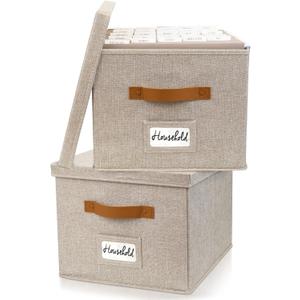 ZICOTO Decorative File Organizer Box Set of 2 - Collapsible Linen Filing Cabinets w/Handles Are Perfect to Store all Your Documents & Hanging File Folders - Portable Easy Slide Crates with Lid (Beige)