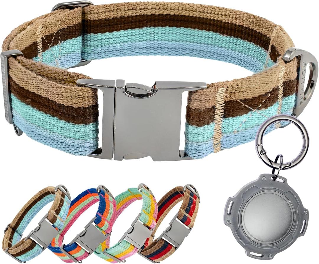 ADITYNA Cotton Dog Collar with AirTag Holder - Heavy-Duty Metal Buckle, Breathable, Easy Adjustable for Large & Extra-Large Breeds - for Walking, Training (Ocean Breeze, Fits 19-30" Necks)