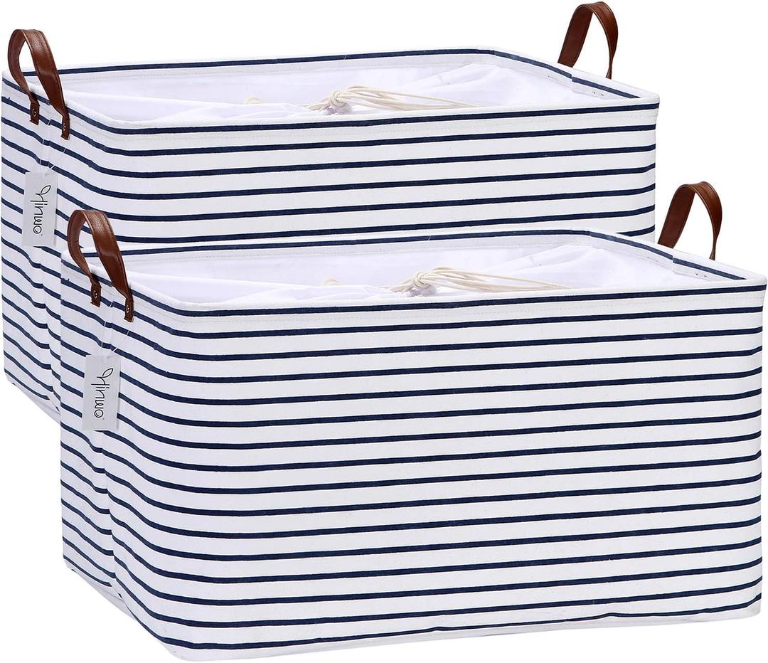 Hinwo 70L Extra Large Storage Bins, 2-Pack Closet Organizers and Storage, Foldable Clothes Storage Baskets with Handles, Containers for Clothing, Blanket, Comforters, Toys, Bedding (Navy Stripe)