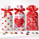 JOINDO 50 PCS Valentines Goodies Bags for Kids Class, 6x9 inches fit treats and Small gifts, Ribbon Drawstring Fast Packaging & Easy Use, Stand up Bottom, Opaque, 3 Patterns