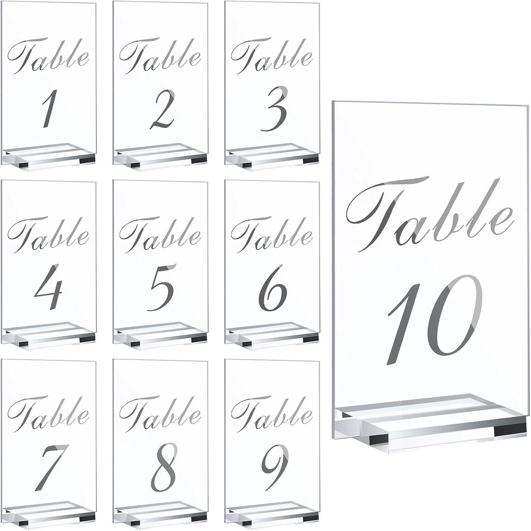 10 Pcs Wedding Table Numbers 1-10 with Stand, Acrylic Wedding Place Card Clear Printed Number Sign Table Number Holder for Reception Restaurants Party Dinners Decor(Rectangle)