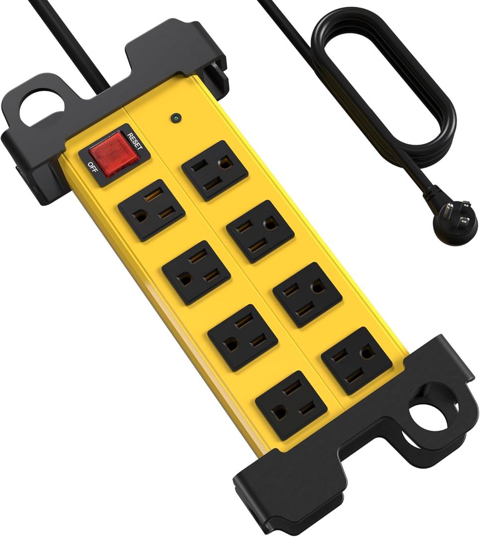 8 Outlet Heavy Duty Power Strip, 2700J Surge Protector with 6FT Extension Cord, Industrial Metal Powerstrip 15Amp, Wall Mount for Garage Workshop Outdoor Home Office, Wide Spaced (6ft)