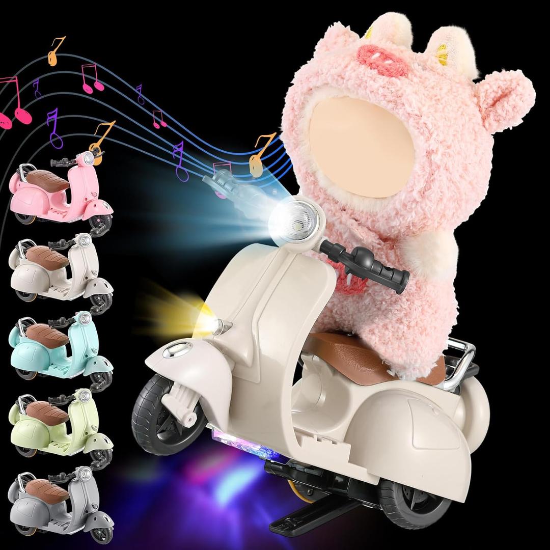 Mini Electric Doll Scooter Vehicles Toy, Funny Doll Accessory with Music & Lights Could Rotate 360 Cute Plastic Scooter Toy Ornaments Battery Not Included (Cream)