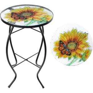 VCUTEKA Patio Side Table Outdoor Accent Table Bistro Coffee Table Plant End Table Small Porch Table Indoor Round Glass Balcony Plant Table Stands Sunflower 14''