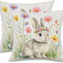 Easter Pillow Covers Bunny Throw Pillow Covers 18x18 Inch Set of 2 Easter Spring Decoration Floral Garland Rabbit Cushion Case for Sofa Couch Home Decor White Linen, Double-Sided