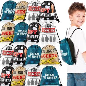 Amylove 16 Pcs Detective Theme Birthday Gift Bags Room Party Favors Drawstring Snack Candy Storage 9 x 12 Inches