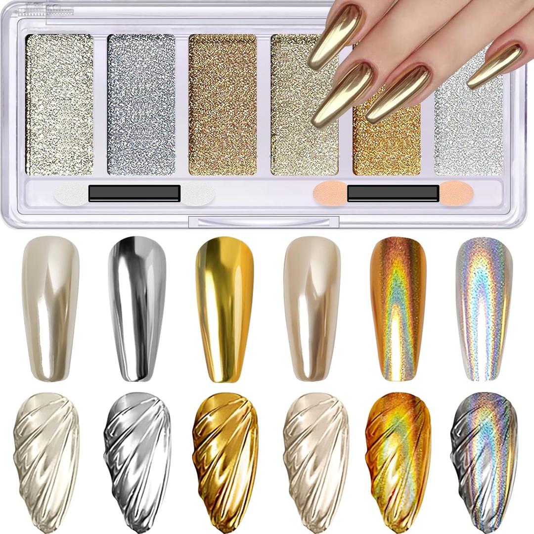 2 x Gold Silver Chrome Nail Powder, 6 Colors Holographic Unicorn Iridescent Nail Chrome Powder, Metallic Mirror Effect Light Gold Champagne Chrome Powder Palette Pigment Glitter for Nail Art