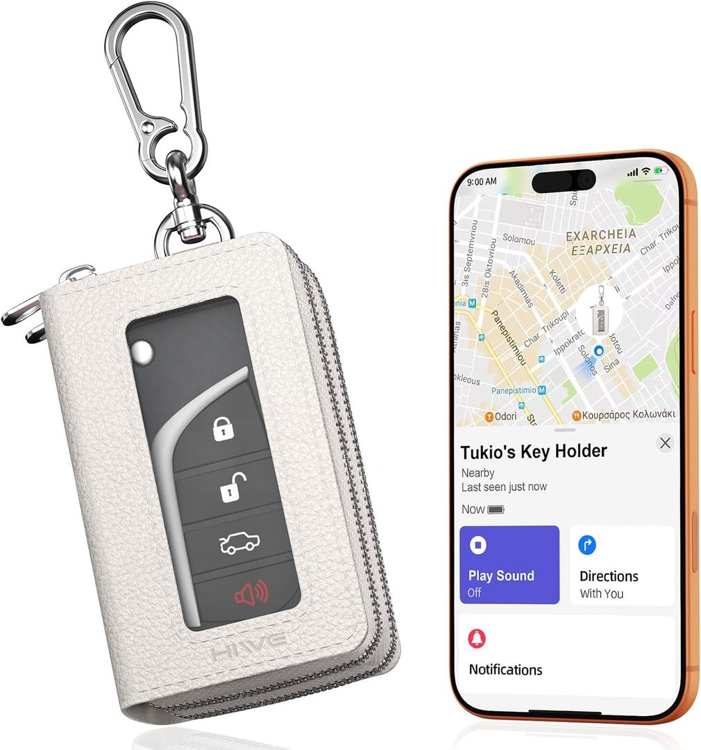 HiWe 3-in-1 Universal Leather Car Key Fob Case Compatible with Apple Find My, Anti-Lost Key Finder, Car Key Holder with Keychain Ring, Dual Layer Key Fob Protector, Never Lose Your Keys (Beige)