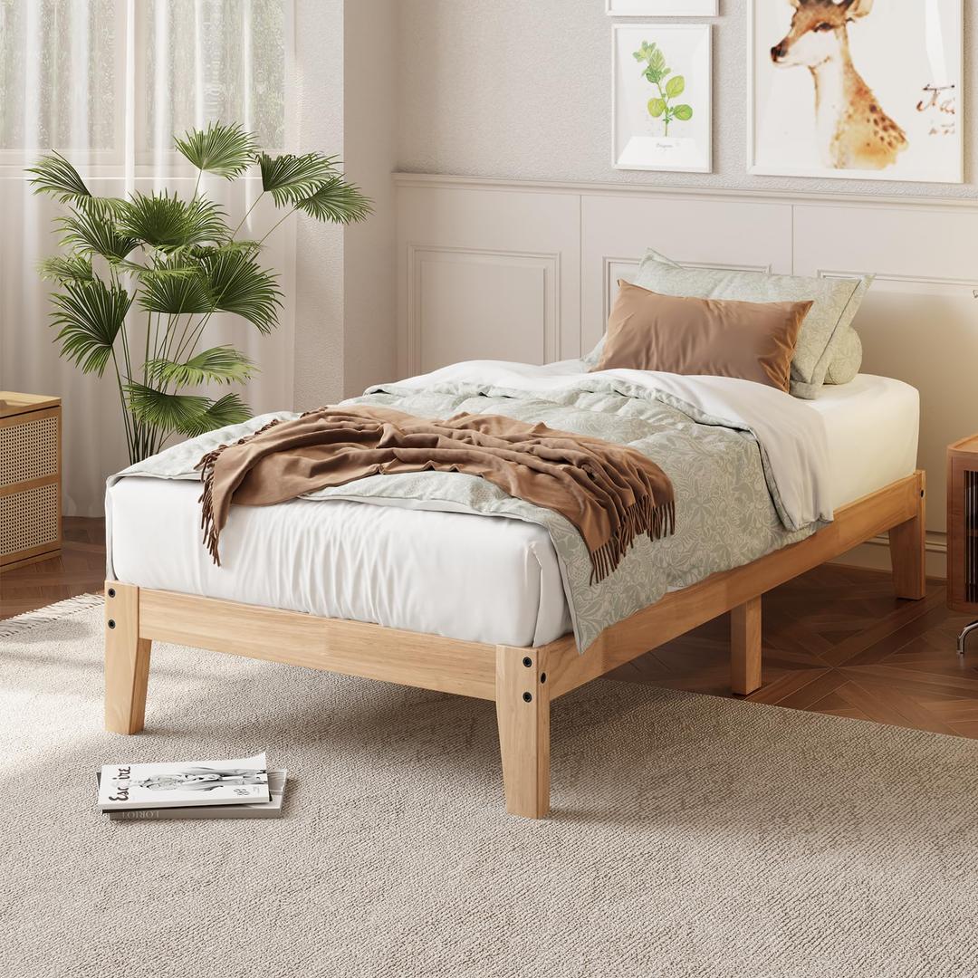 Mashomdec Twin XL Size Solid Wood Platform Bed - Noise-Free Design with Metal and Wood Slat Support, No Box Spring Needed, Easy Assembly, Natural Wood Finish