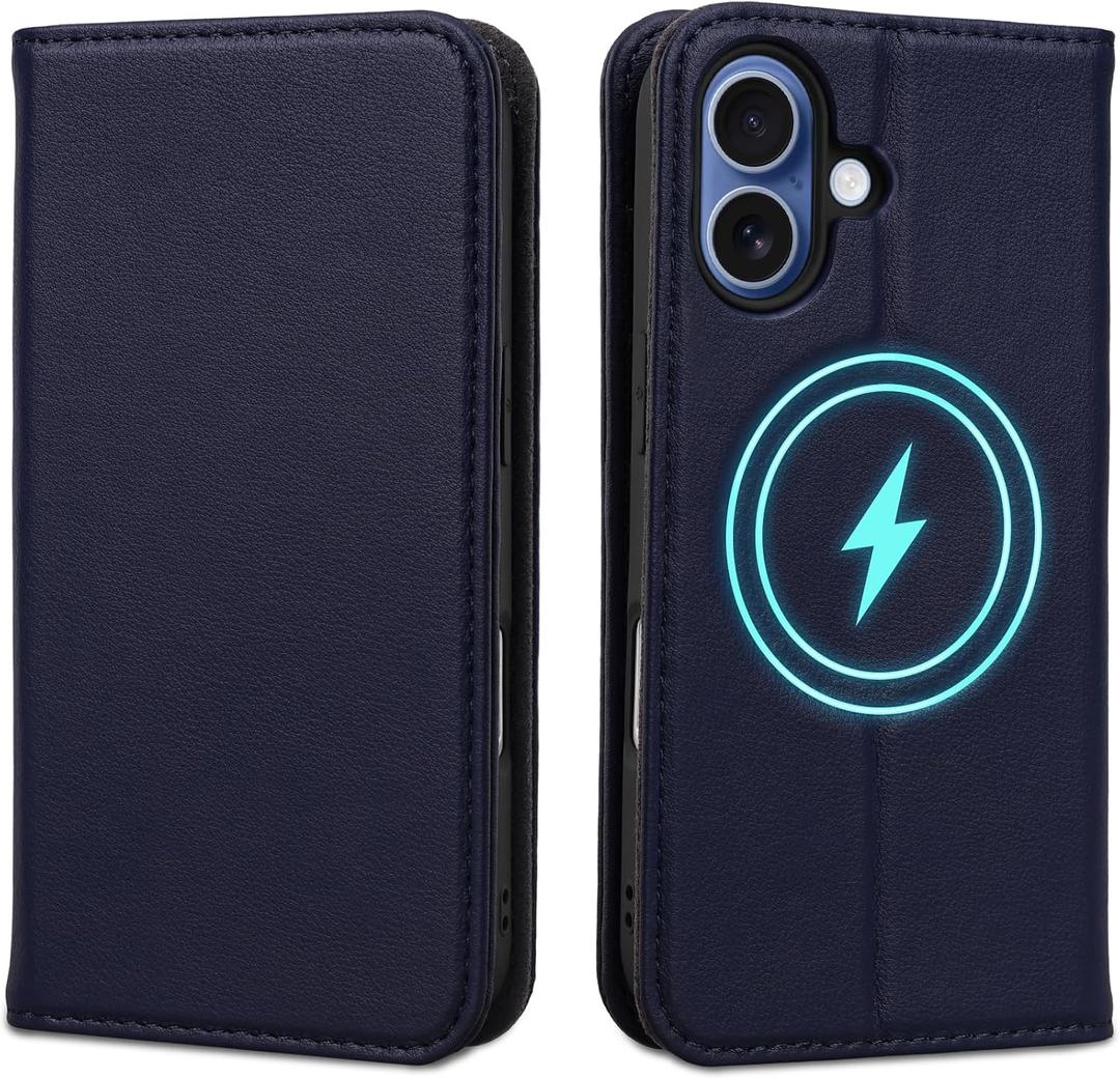 Wallet Case for iPhone 17 6.3", Genuine Leather Flip Folio Case Compatible with Magsafe, RFID Blocking Magnetic Card Holder Kickstand Cover Men Women for iPhone 17, Darkblue