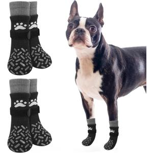 SCENEREAL Anti Slip Dog Socks to Prevent Licking Paws, Dog Shoes for Hot/Cold Pavement, Paw Protector Traction Control on Hardwood Floor, Dog Shoes Booties for Puppy Small Medium Large Senior Dogs (S(Pack of 4), Classic Style-Black)