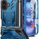 FNTCASE for iPhone 16 Phone Case: Military Grade [Built-in Screen Protector] [Kickstand] Matte Textured Drop Proof Protection Cover | Rugged Shockproof TPU Protective Sturdy Cases - Blue