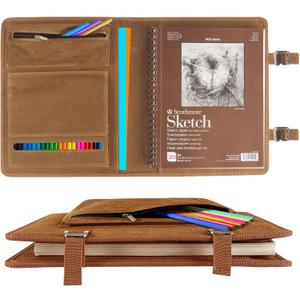 Plinyvel Sketchbook Cover for Travel with Pencil Holder - Waxed Canvas Organizer Compatible with 9x12 Sketch Book & 8.5x11 Spiral Pad | Art Supply Storage for Drawing Pens, Pencils (Brown)
