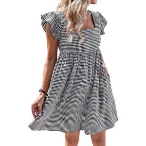 SOLY HUX Women's Plaid Gingham Square Neck Babydoll Smock Dress Ruffle Beach Cap Sleeve Short Dresses Black and White Gingham, Medium