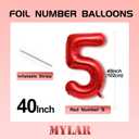 40 Inch Red Foil Number Balloons 5, XXL Large Digits for Birthday, wedding, anniversary, new year Decor, Photoshoot Props, 5-Red-Balloon-US