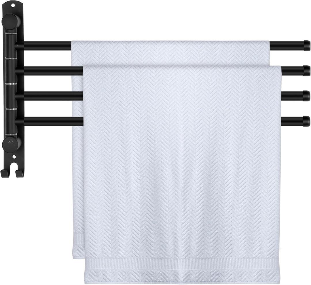 20.4 Inches Swivel Towel Rack 304 Stainless Steel 4 Arms Bathroom Towel Rack Hanger Pool Holder Wall Mounted Swivel Bar Space Saving with Hook(Black)