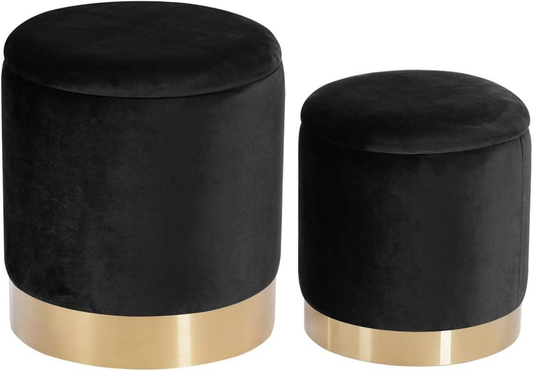 Round Velvet Nesting Ottomans with Spacious Storage set of 2, Upholstered Pouf Footrest with Gold Metal Hoop Accent, Multifunctional Side Table,Vanity Stool for Living Room,Bedroom and Dorm (Black)