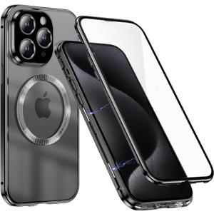 for iPhone 15 ProMax Case,Magnetic Tempered Glass Double-Sided Phone Case,Full Body Shockproof Frosted PC Cover Metal Bumper Compatible with MagSafe Case for iPhone 15 Pro Max-Titanium Black