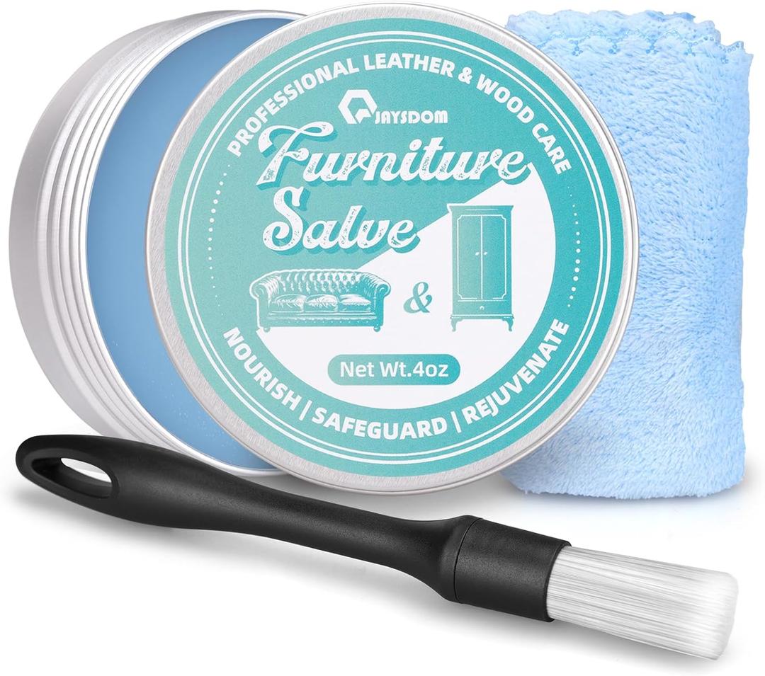 Furniture Salve for Leather - 4oz Professional Furniture Restorer, Polisher & Moisturizer for Couches, Chairs, Tables - Conditioner for Leather, Vinyl & Wood Surfaces - with Brush & Towel (BLUE)