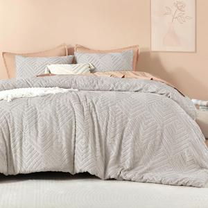 Litanika Oversized King Comforter Set Linen Grey, 3 Pieces Tufted Boho Farmhouse Bedding Comforter Set, Lightweight Fluffy All Season Comforter Set (120x98In Comforter & 2 Pillowcases)