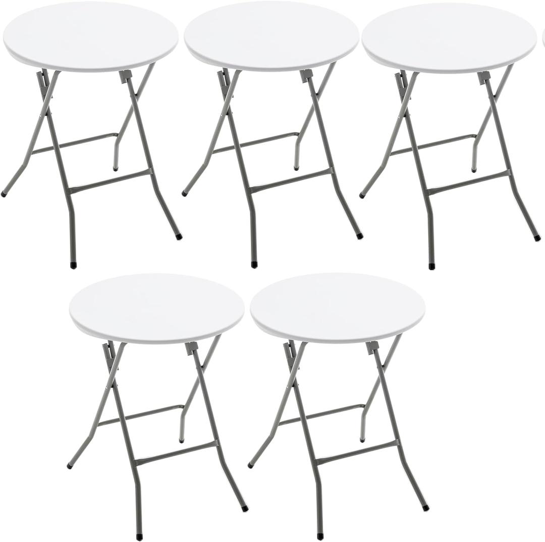 BTEXPERT Set of 5, White 24" Round Plastic Folding Table Commercial Portable for Picnic Party Camping Banquet Card Dining Wedding Event Home Kitchen Indoor Outdoor, 30" Height