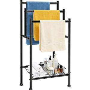 Standing Towel Rack, 3 Tier Towel Racks for Bathroom with Storage Shelf, Freestanding Metal Pool Blanket Holder Floor Towel Drying Rack Outdoor, Black