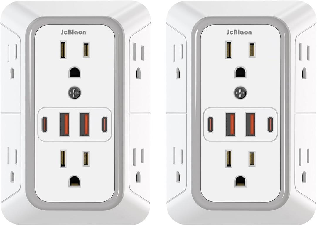 2 Pack Outlet Extender Surge Protector, 6 Outlet Splitter with 4 USB Outlet (2 USB A,2 USB C), 3-Sided Power Strip with Adapter Spaced Outlets for Home, Office, Travel(White)