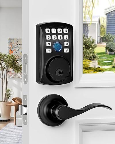 Hidalife Keypad Door Lock with Handle, Fingerprint Keyless Entry Door Lock for Front Door, Easy Passage Mode, Electronic Door Lock with Code, Matte Black