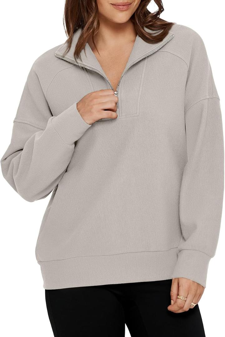 Glamaker Womens Sweatshirts Casual Essentials Pullover Fall Half Zip Tops Preppy Shirt Long Sleeve Fashion Clothes (Beige, S)