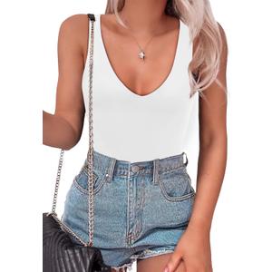 SAUNGKUAI Women's Bodysuit Plunge Deep V Neck Backless Sleeveless Going Out Tank Tops Thong Body Suits Leopard (White, XL)