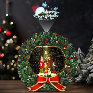 Lewondr Musical Christmas Snow Globe, Family Carolers Christmas Wreath, Swirling Glitters & 8 Songs & Timer, Battery Operated Singing Snow Lantern Decor for Home Holidays Xmas Gift