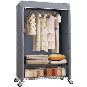 H4 Heavy Duty Clothes Rack with Cover, Rolling Garment Rack, Wardrobe with Cover and Wheels, Closet Organizer Shelf, Portable Closet Organizer and Storage, Black Clothing Rack with Grey Cover