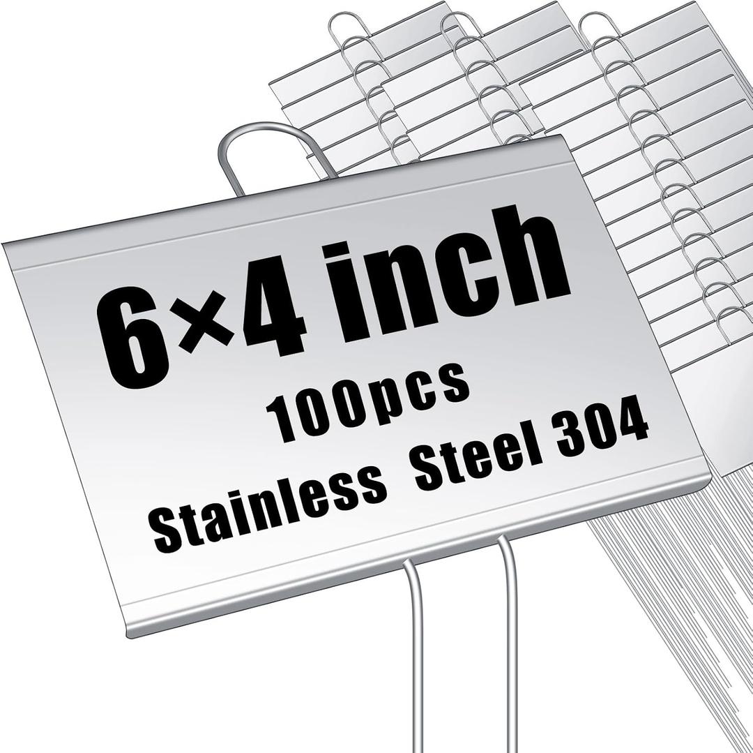Landhoow 100 Pcs Large Garden Plant Markers Metal Plant Labels Sign 4'' x 6'' with 11'' Stake Weatherproof Waterproof Garden Sign for Outdoor Tree Seedlings Herbs Vegetable Greenhouse, Silver
