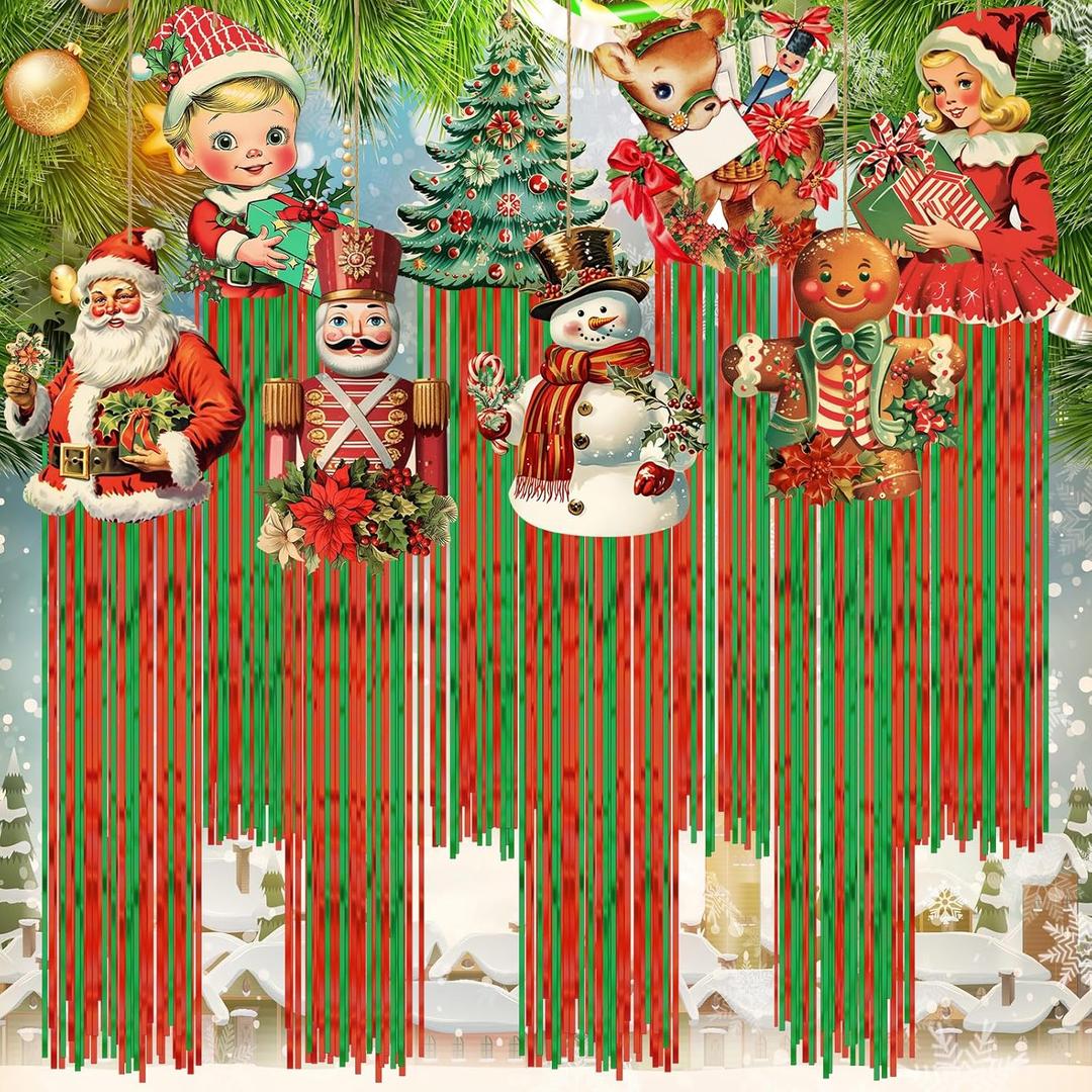 8pcs Vintage Christmas Windsocks Outdoor Hanging Decorations with Tassels Christmas Yard Decorations for Outside 3.3ft Xmas Signs for Wall Tree Home Lawn Yard Party Supplies Garden Decor
