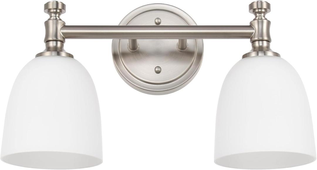 Bathroom Light Fixtures, Brushed Nickel 2-Light Bathroom Vanity Light Fixtures Over Mirror, Vintage Vanity Lights for Bathroom Living Room, Milk White Glass Shades , Standard E26 Base, Brushed Nickel