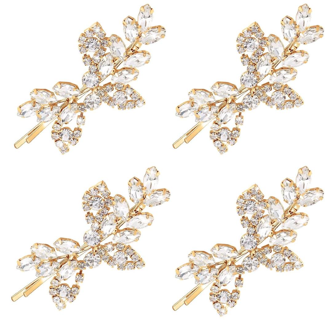Waydress 4 Pcs Rhinestone Hair Clip Wedding Bridal Hair Barrette Decorative Leaf Crystal Side Hairpin Accessories for Women(Rhinestone Style,Gold)
