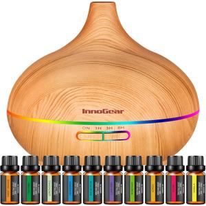 InnoGear Aromatherapy Diffuser & 10 Essential Oils Set, 400ml Diffuser Ultrasonic Diffuser Cool Mist Humidifier with 4 Timers 7 Colors Light Waterless Auto Off for Mother's Gift, Yellow Wood Grain