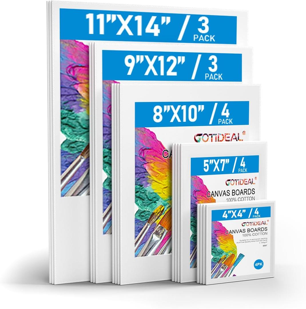 GOTIDEAL Canvas for Painting -18 Pack, Multi Pack 4x4, 5x7, 8x10, 9x12,11x14 Canvas Boards for Painting, Primed White Blank Artist Canvas Variety Pack for Acrylic, Oil Paint, Watercolor, Gouache