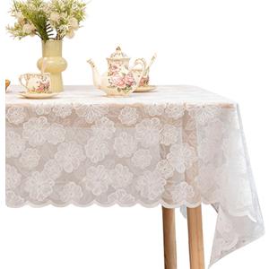 Jayla White Lace Tablecloth 60 X 120 Inches Rectangle Camellia Flower Embroidered Wedding Table Cloths for Outdoor Party Reception, Dinner Party, Baby Shower, Tea Decorations, Home Decor