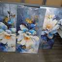 AJAZIKO Large Floral Wall Art - Modern Abstract Flower Canvas - Navy Blue 3 Piece Wall Art - Bedroom Artwork - 24x48in