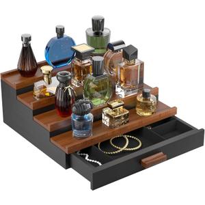 Perfume Cologne Organizer for Men: 4 Tier Wooden Perfumes Stand, Desktop Parfum Holder Wood Display Shelf with Cabinet, Bedroom Dresser Makeup Lotion Jewelry Storage Rack with Drawer