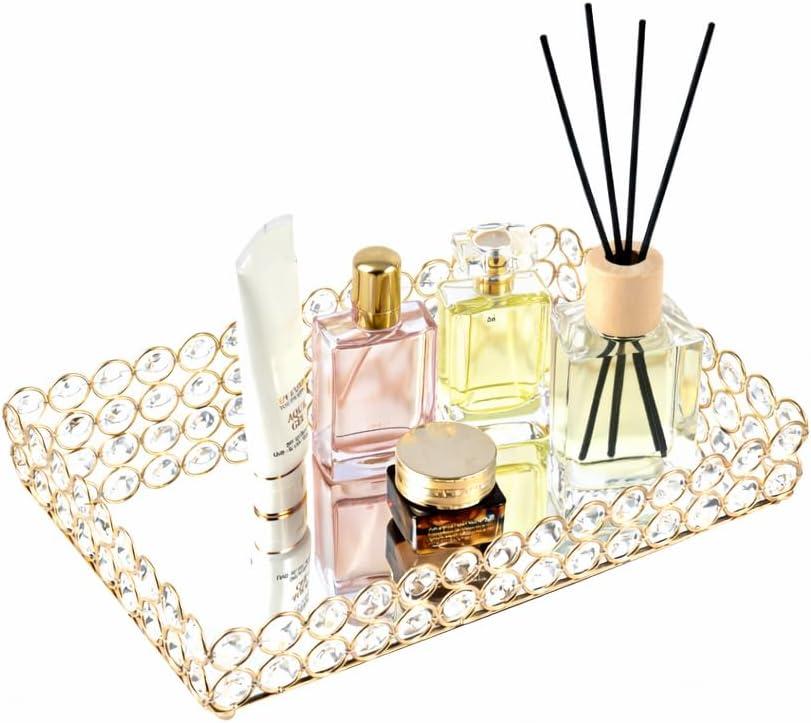 Feyarl Mirrored Crystal Vanity Makeup Tray Ornate Jewelry Trinket Organizer Cosmetic Perfume Bottle Decorative Tray Home Deco Dresser Skin Care Storage (Rectangle 12" x 8")